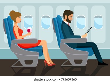 Passengers young beautiful girl and man character sitting in chair on the plane . Vector flat style illustration.