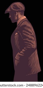 A passerby in a cap. Editable hand drawn illustration. Vector vintage engraving. Isolated on black background. 8 EPS