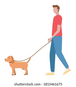 Passer-by, Guy Walking With Dog, Isolated Male Character Vector. City Street Walker Or Owner With Pet On Leash, Casual Outfit, Man And Domestic Animal