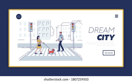 Passerby people on crosswalk. Cartoon characters crossing street, landing page. City traffic and safety concept. Citizens on zebra. Linear vector illustration