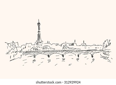 Passerelle des Arts and Eiffel Tower; Paris; France; in urban sketch style; for travel and tourism business design. Vector