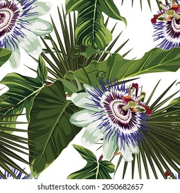 Flores de Passiflora. Patrón floral sin foco con flores glotonas violetas y hojas de palma. Patrón tropical sobre fondo blanco. 