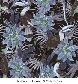 Passiflora tropische Vögel Vektor nahtlose Muster mit Tukanen exotischen Blumen und Dschungelblätter.