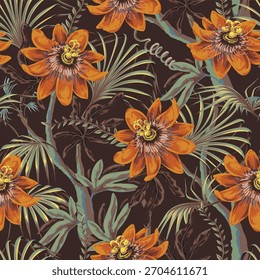 Passiflora tropical vetor flor padrão sem costura com folhas exóticas e plantas da selva.