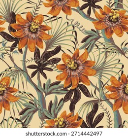 Passiflora tropical flower vector seamless pattern with exotic leaves and jungle plants.