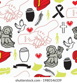 Passing away, RIP and funeral background seamless pattern. Silhouette hand in hand, caskin, cross, symbols as graveyard angel, gingko leave, heart, anturie... Vector illustration