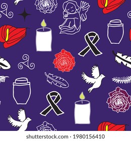 Passing away, RIP and funeral background seamless pattern. Silhouette of guardian angel, caskin, cross, feather, symbols as , gingko leave, heart, anthurium. Vector illustration