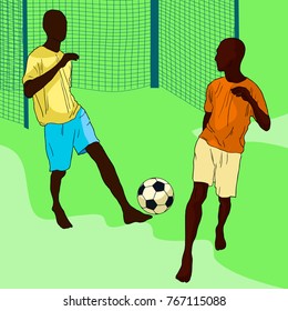 passing the ball in football by dark-skinned  men from the gate vector illustration