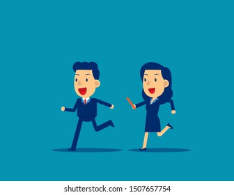 Passing Baton To Colleague In Relay Race. Business Office Teamwork Concept, Cute Flat Cartoon Character Style Design.