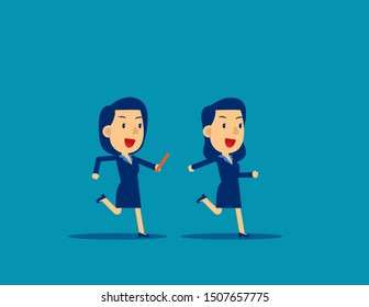 Passing Baton To Colleague In Relay Race. Business Office Teamwork Concept, Cute Flat Cartoon Character Style Design.