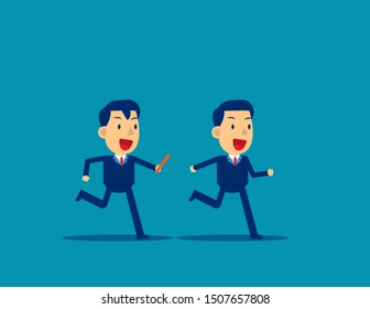 Passing Baton To Colleague In Relay Race. Business Office Teamwork Concept, Cute Flat Cartoon Character Style Design.