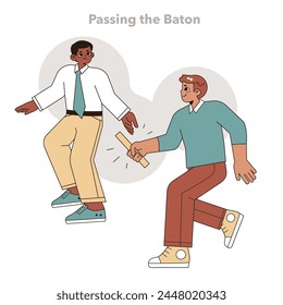 Passing the Baton concept. Seamless transition and responsibility exchange in teamwork captured in a vibrant illustration. Vector illustration.