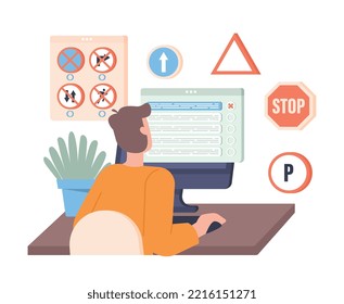 Passing driver test. Man sits at computer monitor and answers questions. Modern technologies and digital world. Distance learning and education, driving training. Cartoon flat vector illustration