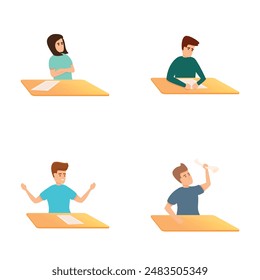 Passing exam icons set cartoon vector. Young people taking exam. Education, learning