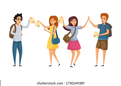 Passing exams, congratulation, education concept. Young miling smiling boy girl pupils students friends congratulate after passing exams or tests. Successful study results winning victory celebration.