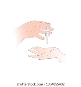 Pasando la llave de mano en mano. Como signo de una transacción al vender o alquilar bienes raíces o un automóvil. Imagen vectorial aislada de las palmas del gesto de la mano.