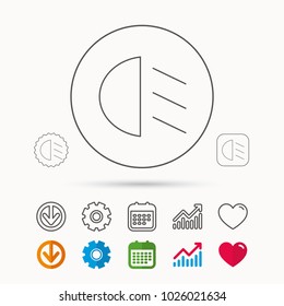 Passing light icon. Dipped beam sign. Calendar, Graph chart and Cogwheel signs. Download and Heart love linear web icons. Vector