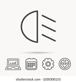 Passing light icon. Dipped beam sign. Notebook, Calendar and Cogwheel signs. Download arrow web icon. Vector