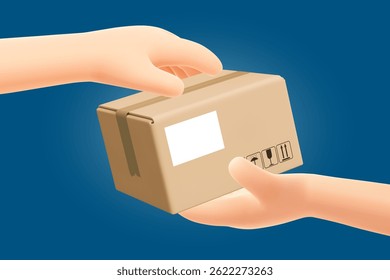 Passar o pacote de mão em mão. Entrega em casa, compras on-line, entrega de correio, conceito de serviço de transporte. 3D renderização de mãos segurando caixa de cartão. Entregando a encomenda. Ilustração vetorial