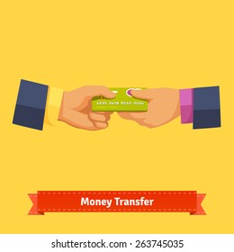 Passing plastic credit card from hand to hand. Business transaction concept. Flat style vector icon.