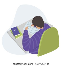 Passing test, exam flat vector illustration. A guy, a student, sits at a table, a school desk and ticks off the paper, top side view. Knowledge testing, passing an exam, certification process concept