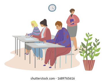 Passing test, exam flat vector illustration. People in the room at desks, tables fill in documents with ticks, side view. Knowledge testing, passing an exam, certification process concept