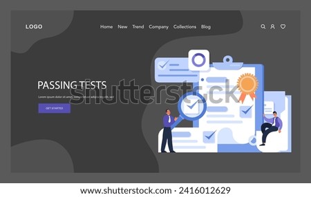 Passing Tests concept. Enthusiastic professionals highlight a completed checklist symbolizing successful employee onboarding and task accomplishment. Flat vector illustration.