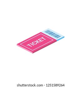 Passing ticket coupon with barcode. 3d vector, creative idea, isometric icon.