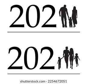 A passing year with a replenishment in the family. Parents hold hands with their children. Happy family.