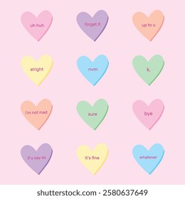 Passion aggression hearts design cute illustration concept of conversation hearts with passive aggressive relationship messaging in a valentine vector set