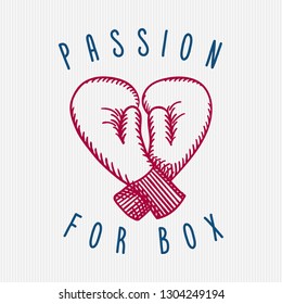 Passion for Box Heart Shape Sketch Style Boxing Gloves with Doodle Style Logo Lettering Sports Comic Creative Concept - Blue and Red on White Striped Background - Vector Hand Drawn Design