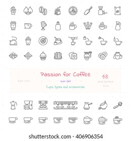 Passion for coffee big line icon set of 48 modern stylish outline icons. Pixel perfect. 