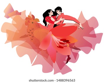 Passion dance. Young caucasian man and woman in love dancing flamenco or tango isolated on white. Hem of long red dress in shape of flying bird and huge lily flower. Wedding invitation. Beautiful card