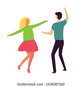 Passion dance of young couple boyfriend and girlfriend isolated. Vector dancing people in cartoon style, blond lady in pink dress and guy in black trousers