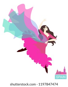 Passion flamenco. Spanish dancer with a flying shawl isolated on white background. Vector illustration.