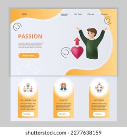 Passion flat landing page website template. Collaboration, quality, integrity. Web banner with header, content and footer. Vector illustration.