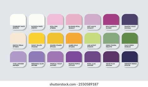 Passion Flower Color Palette, Passion Flower Color Guide Palette mit Farbnamen. Katalog Beispiele von Passiflora Farben mit RGB HEX Codes. Fruchtsaft, Süßigkeiten Farbe, Mode Trend Lila Farbtöne