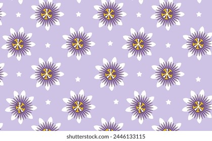 Passion flower seamless pattern on lilac background. Medicinal plant for sleep and relaxation. Natural remedy and food spice. Exotic tropical flower wallpaper.