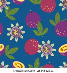 Passion Flowers and Fruits Seamless Pattern. Tropical Flowers and Fruits on Blue Background.