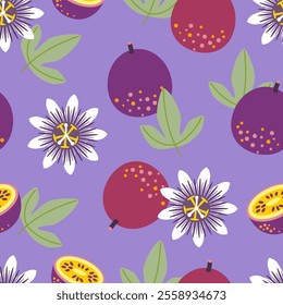 Passion Flowers and Fruits Seamless Pattern. Tropical Flowers and Fruits on Lilac Background.