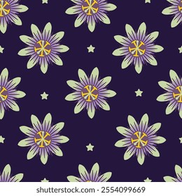 Passion Flowers Seamless Pattern. Tropical Passion Flowers on Dark Blue Background with Stars. 