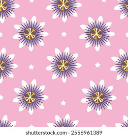 Passion Flowers Seamless Pattern. Tropical Passion Flowers on Pink Background with Stars. 