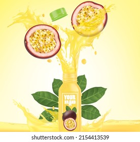 Passion fruit bottle design with passion  fruit juice splashes.illustration vector