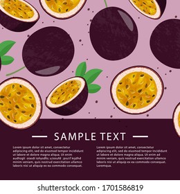 Passion fruit card template. Food card design for restaurant, articles. Whole and sliced fresh passion fruit.