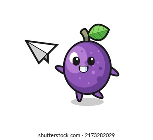 passion fruit cartoon character throwing paper airplane , cute style design for t shirt, sticker, logo element