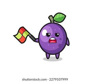 passion fruit cartoon as the line judge hold the flag up at a 45 degree angle , cute style design for t shirt, sticker, logo element