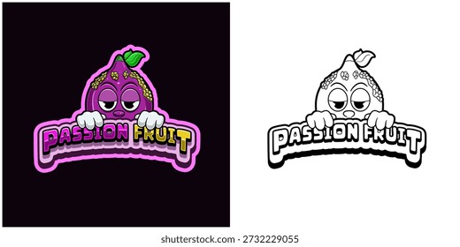 Logotipo de dibujos animados de fruta de la pasión con texto y una alta expresión. Diseño a todo color y en blanco y negro. Diseño para pegatina, etiqueta, cubierta, embalaje, camiseta, negocio y Producto. VECTORES y ILUSTRACIONES