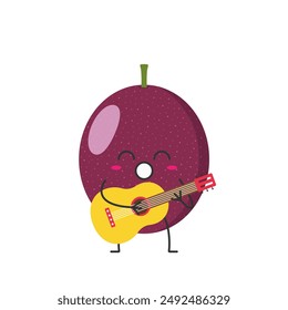 Passion fruit cute character cartoon plays the guitar sings face cheerful kawaii happy emotions icon vector illustration.