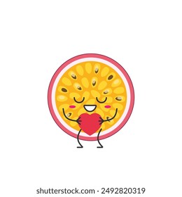 Passion fruit cute character cartoon love sign heart favorite smiling face cheerful kawaii happy emotions icon vector illustration.