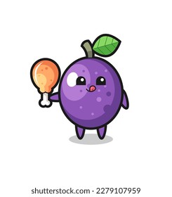 passion fruit cute mascot is eating a fried chicken , cute style design for t shirt, sticker, logo element